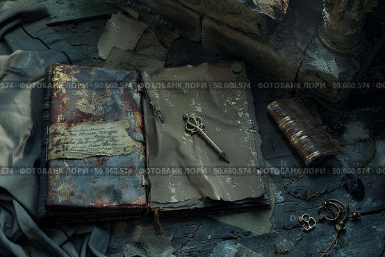 Ancient key is lying on open grimoire in ruined room with scattered papers. Стоковое AI-изображение, AI-художник Иван Рябоконь / Фотобанк Лори