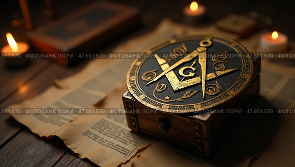 Ancient masonic relic with square and compass. Стоковое AI-изображение, AI-художник Андрей Бакусов / Фотобанк Лори
