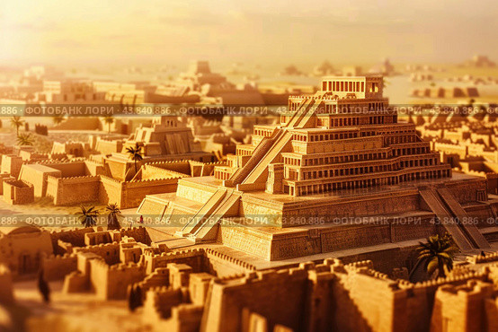 Ancient mesopotamian cityscape at sunset. Стоковое AI-изображение, AI-художник Иван Рябоконь / Фотобанк Лори
