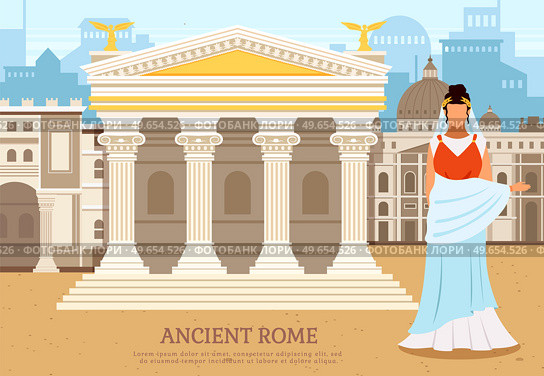Ancient roman woman near pantheon temple building with columns, antique culture vector poster. Italian landmark Pantheon, old temple in city square. Traditional historical landscape ancient times. Ancient roman woman near pantheon temple building with columns, antique culture vector poster. Стоковая иллюстрация, агентство Ingram Publishing / Фотобанк Лори