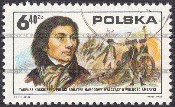 Анджей Тадеуш Бонавентура Костюшко (Tadeusz Kosciuszko ) - герой американской войны за независимость. Почтовая марка Польши 1975 года. Редакционная иллюстрация, иллюстратор александр афанасьев / Фотобанк Лори