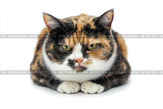 Angry cat isolated on white. Calico British shorthair cat portrait looking serious. Grumpy kitten seated. Striped furious cat with a unhappy dissatisfied face. Feline giving you a disdainful look. Стоковое AI-изображение, AI-художник Марина Демидюк / Фотобанк Лори