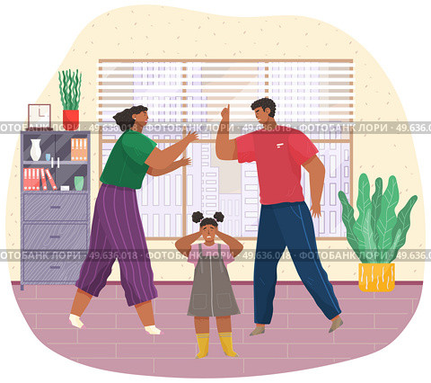 Angry husband and wife swear in presence of scared kid, girl covers her ears with hands. Woman and man shouting, screaming, yelling, fighting, scared child crying. Unhappy marriage. Family conflict. Angry husband and wife swear in presence of unhappy scared kid, girl covers her ears with hands. Стоковая иллюстрация, агентство Ingram Publishing / Фотобанк Лори