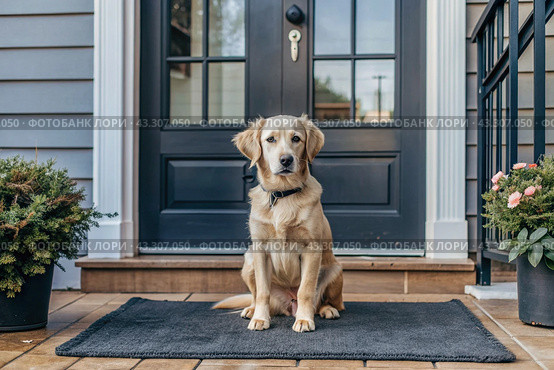 Animal care. The puppy sits patiently at the front door, looking forward to his master and walking with him. Стоковое AI-изображение, AI-художник Photojuli / Фотобанк Лори