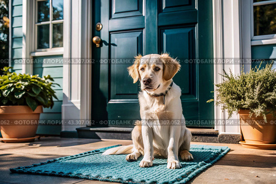 Animal care. The puppy sits patiently at the front door, looking forward to his master and walking with him. Стоковое AI-изображение, AI-художник Photojuli / Фотобанк Лори