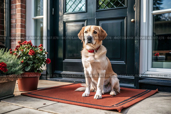 Animal care. The puppy sits patiently at the front door, looking forward to his master and walking with him. Стоковое AI-изображение, AI-художник Photojuli / Фотобанк Лори