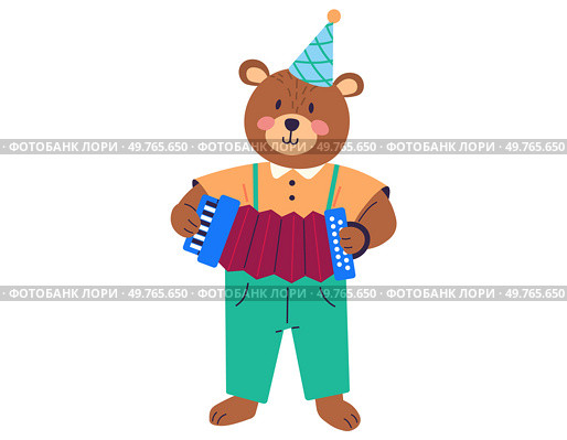 Animal music vector illustration. Happy beasts come together in joyful music party within enchanted zoo celebrate with cheerful music band, turning zoo into lively event. Bear plays the accordion. Animal music. Creatures come together to perform cheerful melody, creating magical zoo. Bear plays the accordion. Стоковая иллюстрация, агентство Ingram Publishing / Фотобанк Лори