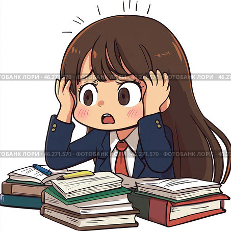 Anime girl with long brown hair sitting at a table covered with textbooks and notebooks. She looks worried and overwhelmed, holding her head and her eyes wide open, expressing stress and confusion. The girl is dressed in a school uniform consisting of a blue jacket, a white shirt and a red tie. Books, notes, pens and pencils are spread out around her, creating an atmosphere of the educational process and preparation for exams. The style of the image is made in chibi anime, typical of Japanese animation, with large eyes and exaggerated emotionality. Стоковое AI-изображение, AI-художник Анна Кривицкая / Фотобанк Лори