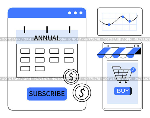 Annual subscription calendar, shopping cart on mobile, and data graph. Ideal for e-commerce, marketing strategies, financial planning, customer engagement, digital business. Simple modern style. Promote Annual Subscription and Online Shopping with Interactive Infographics. Стоковая иллюстрация, агентство Ingram Publishing / Фотобанк Лори