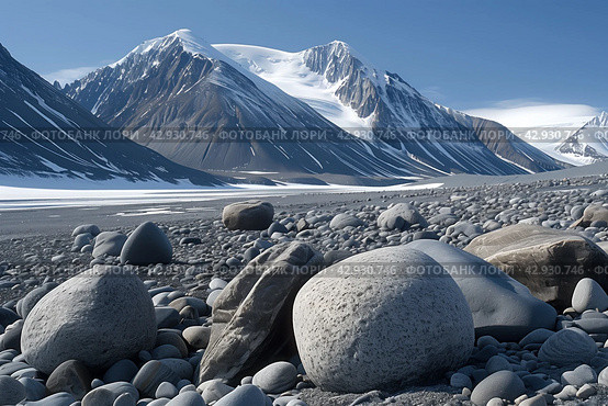 Antarctic dry valley landscape, area free of snow and ice in the otherwise ice-covered continent. Стоковое AI-изображение, AI-художник Евгений Харитонов / Фотобанк Лори