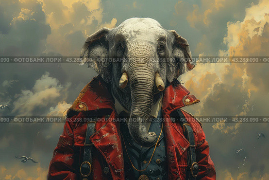 Anthropomorphic elephant in a red military uniform against a cloudy sky. The elephant is dressed as a captain or officer, with gold epaulets and decorative elements. This image creates an impression of strength and nobility, while also looking somewhat fantastical and artistic. Стоковое AI-изображение, AI-художник Анна Кривицкая / Фотобанк Лори
