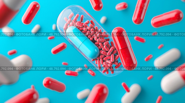 Antibiotic pills surrounded by resilient bacteria, Healthcare dilemma, Visual representation of antibiotic resistance crisis. Стоковое AI-изображение, AI-художник Anastasy Yarmolovich / Фотобанк Лори