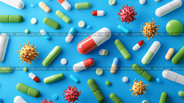 Antibiotic pills surrounded by resilient bacteria, Healthcare dilemma, Visual representation of antibiotic resistance crisis. Стоковое AI-изображение, AI-художник Anastasy Yarmolovich / Фотобанк Лори