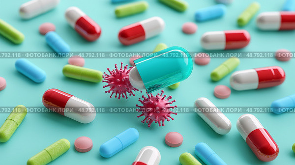 Antibiotic pills surrounded by resilient bacteria, Healthcare dilemma, Visual representation of antibiotic resistance crisis. Стоковое AI-изображение, AI-художник Anastasy Yarmolovich / Фотобанк Лори