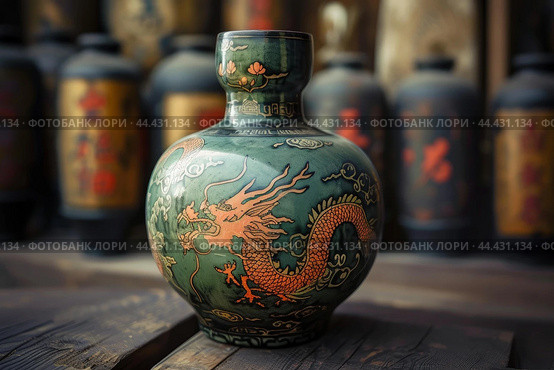 Antique chinese dragon vase on wooden background. Стоковое AI-изображение, AI-художник Иван Рябоконь / Фотобанк Лори