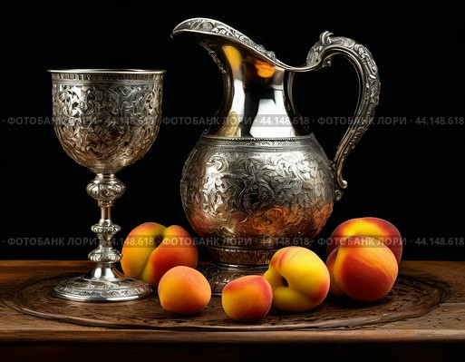 Antique silver wine jug, silver goblet and peaches. Still life. Стоковое AI-изображение, AI-художник Сергей Елизарьев / Фотобанк Лори