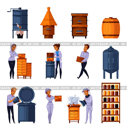 Apiary production cartoon icons set with beekeepers beehives honeycomb harvesting honey pitching and storage isolated vector illustration . Apiary Honey Production Cartoon Set. Стоковая иллюстрация, агентство Ingram Publishing / Фотобанк Лори