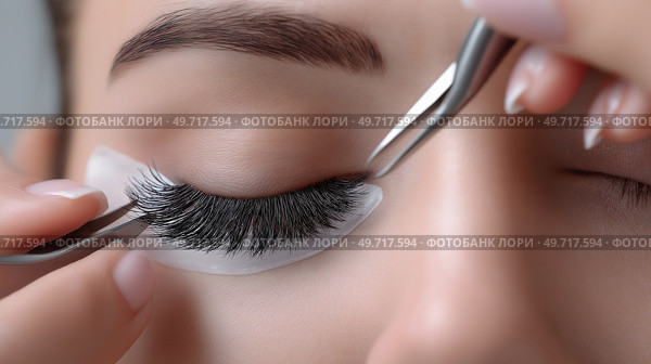 Applying eyelash extensions in a beauty salon during a professional treatment. Наращивание ресниц в салоне красоты во время профессиональной процедуры. Стоковое AI-изображение, AI-художник Katsiaryna Repich / Фотобанк Лори