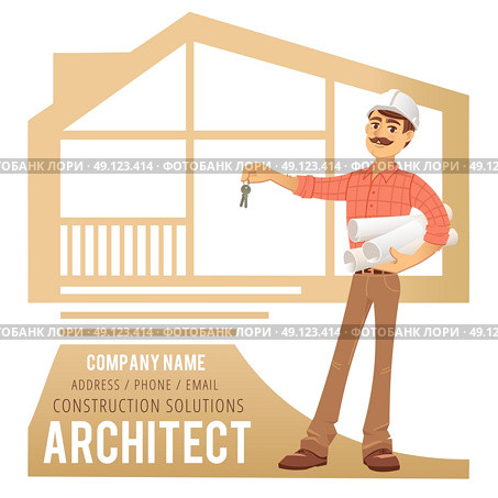 Architect in helmet with blueprints and keys in hand against background of constructed house, cottage. Character Construction Architect Engineer. Concept for banner, business card. Vector illustration. Стоковая иллюстрация, агентство Ingram Publishing / Фотобанк Лори