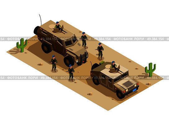 Army mechanized infantry in combat uniform operating in desert with armored vehicles isometric composition vector illustration   . .Army Military Vehicles isometric composition. Стоковая иллюстрация, агентство Ingram Publishing / Фотобанк Лори