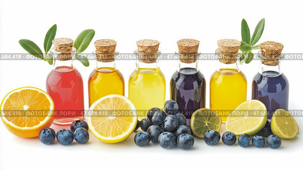 Aromatic Essence Still Life: Colorful Citrus & Berry Infusions for Wellness & Aromatherapy Use. Стоковое AI-изображение, AI-художник Данила Большаков / Фотобанк Лори