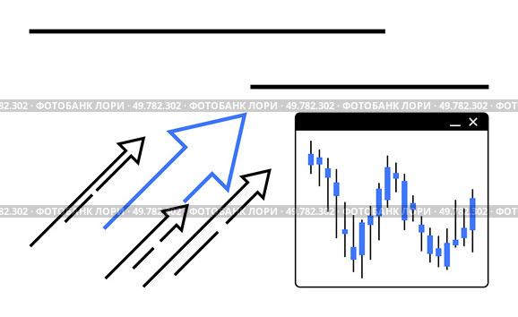 Arrows pointing upward beside a financial chart in a browser window. Ideal for financial growth, market trends, stock analysis, business forecasting, investment strategies, economic progress, success. Arrows illustrating upward trend beside financial chart in a browser window highlighting market analysis. Стоковая иллюстрация, агентство Ingram Publishing / Фотобанк Лори