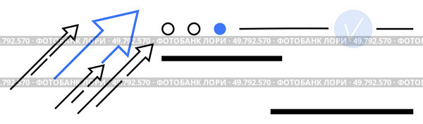 Arrows pointing upwards, dot elements, horizontal lines, and a checkmark. Ideal for growth, progress, focus, achievement strategy development and goals. Line metaphor. Multiple Arrows Moving Upwards with Dotted Elements and Checkmark Illustrating Progress and Focus. Стоковая иллюстрация, агентство Ingram Publishing / Фотобанк Лори