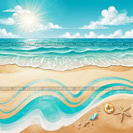Art beach scene with gentle waves, sandy shoreline. Bright colors create peaceful atmosphere. Generated AI. Sunny beach holidays travel concept. Copy space. Sunny tropic paradise. Plage background. Стоковое AI-изображение, AI-художник Юлия Петровская / Фотобанк Лори