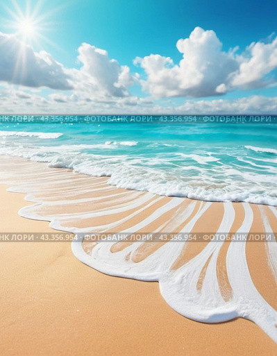 Art beach scene with gentle waves, sandy shoreline. Bright colors create peaceful atmosphere. Generated AI. Sunny beach holidays travel concept. Copy space. Sunny tropic paradise. Plage background. Стоковое AI-изображение, AI-художник Юлия Петровская / Фотобанк Лори