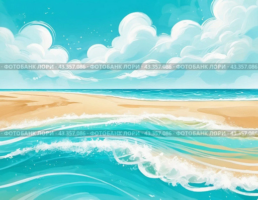 Art beach scene with gentle waves, sandy shoreline. Bright colors create peaceful atmosphere. Generated AI. Sunny beach holidays travel concept. Copy space. Sunny tropic paradise. Plage background. Стоковое AI-изображение, AI-художник Юлия Петровская / Фотобанк Лори