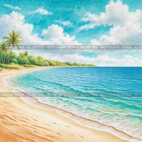Art beach scene with gentle waves, sandy shoreline. Bright colors create peaceful atmosphere. Generated AI. Sunny beach holidays travel concept. Copy space. Sunny tropic paradise. Plage background. Стоковое AI-изображение, AI-художник Юлия Петровская / Фотобанк Лори