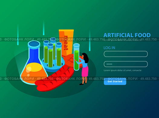 Artificial foods genetically modified meat products and chemical equipment on gradient turquoise background isometric vector illustration. Стоковая иллюстрация, агентство Ingram Publishing / Фотобанк Лори