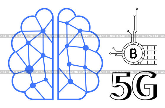 Artificial intelligence brain illustration with a network pattern on the left and a blockchain with Bitcoin symbol and 5G text on the right. Ideal for AI technology digitalization connectivity. Visual representation of artificial intelligence human brain structure blockchain 5G technology connections. Стоковая иллюстрация, агентство Ingram Publishing / Фотобанк Лори