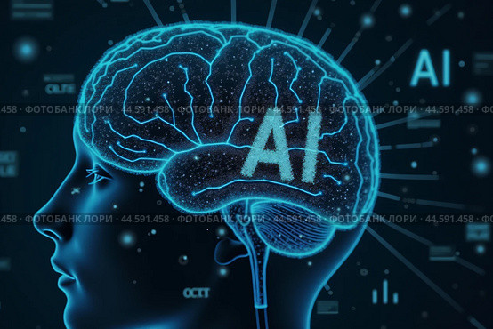 Artificial intelligence is presented as an abstract illustration of a model on a blue background symbolizing future technologies and transmitting data in the form of bytes and files. Стоковое AI-изображение, AI-художник Сергей Краснощеков / Фотобанк Лори