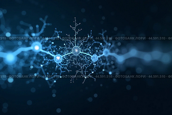 Artificial intelligence is presented as an abstract illustration of a model on a blue background symbolizing future technologies and transmitting data in the form of bytes and files. Стоковое AI-изображение, AI-художник Сергей Краснощеков / Фотобанк Лори