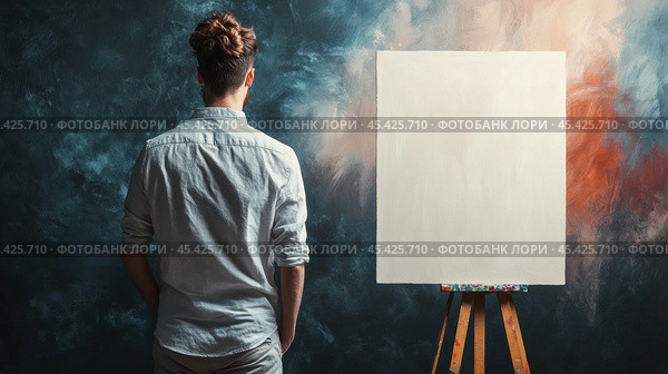 Artist contemplates a blank canvas, ready to unleash creativity in a vibrant studio, AI. Стоковое AI-изображение, AI-художник Сергей Старуш / Фотобанк Лори