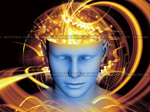 Artistic abstraction composed of human head and symbolic elements on the subject of human mind, consciousness, imagination, science and creativity. Стоковое фото, агентство Ingram Publishing / Фотобанк Лори