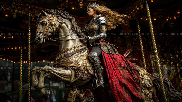 Artistic portrait of a woman in knightly armor on a carousel horse. The woman with long flowing hair and a crown on her head is dressed in detailed metal armor and a bright red cloak. The horse is decorated with exquisite ornaments in gold and bronze tones. The background is a carousel with soft warm lighting, creating an atmosphere of magic and medieval grandeur. Стоковое AI-изображение, AI-художник Анна Кривицкая / Фотобанк Лори