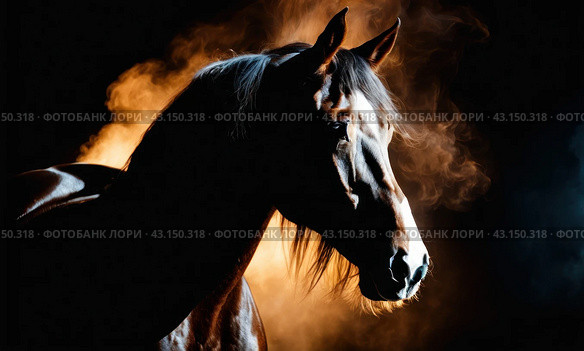 Artistically lit horse head with thick smoke and fumes on black background. Beautiful alert black brown stallion horse in fog mist smoke looking curious worried free majestic regal mythological, AI. Стоковое AI-изображение, AI-художник Sergey Grishin / Фотобанк Лори