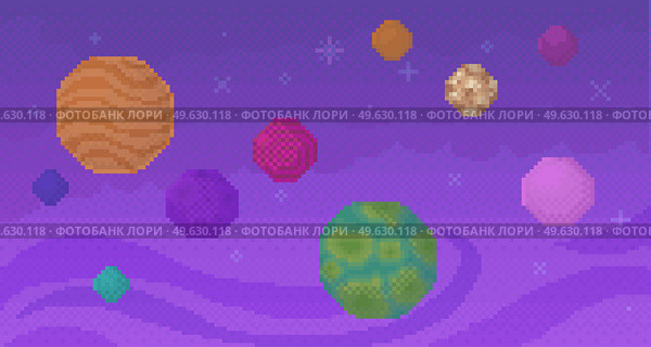 artoon fantastic planets on background of purple space. Collection of cosmic round objects different colors with orbits. Space game elements vector illustration. Planets for pixel game design. Planets for pixel game design. Collection of cosmic round objects different colors with orbits. Стоковая иллюстрация, агентство Ingram Publishing / Фотобанк Лори