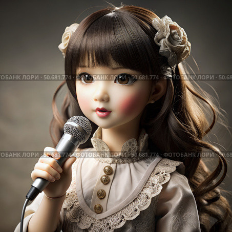 Asian Ball-Jointed Doll Singing Into a Microphone With a White Dress and a Flower Crown. Generative AI. Стоковое AI-изображение, AI-художник Roman Zavorotny / Фотобанк Лори