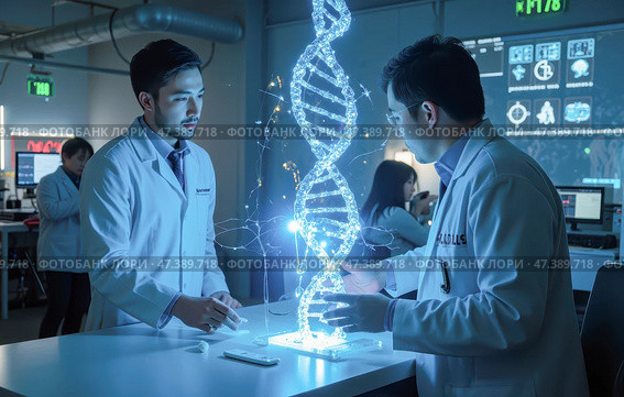 Asian scientists, scientific discovery, healthcare development, futuristic technology, professional teamwork, laboratory experiment, scientific expertise, biological study DNA sequencing. Стоковое AI-изображение, AI-художник Павел Муравьев / Фотобанк Лори