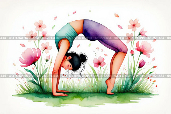 Asian young female performing yoga backbend amidst floral background. Стоковое AI-изображение, AI-художник Башкирова Анна / Фотобанк Лори