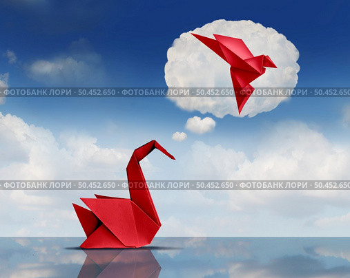 Aspiration idea and aspirational concept or ambition metaphor as a swan origami dreaming of becoming a flying bird as an achievement and hope for futur success symbol with 3D illustration elements. Стоковое фото, агентство Ingram Publishing / Фотобанк Лори