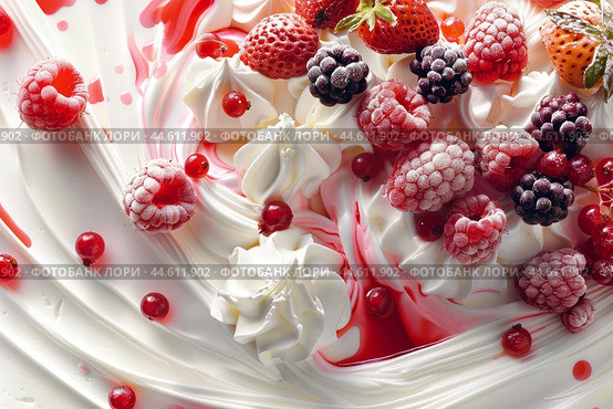 Assorted berries on whipped cream delight. Стоковое AI-изображение, AI-художник Иван Рябоконь / Фотобанк Лори