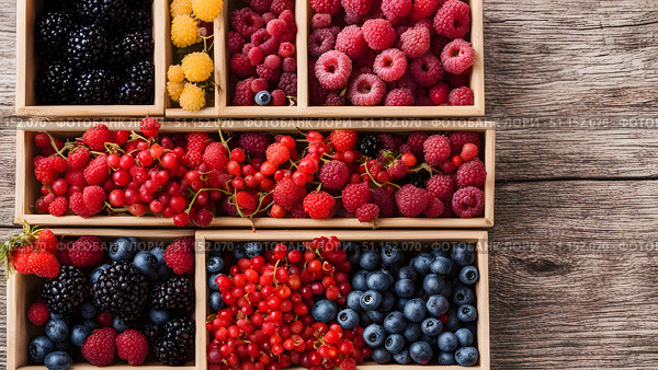 Assorted fresh berries in wooden boxes, closeup, selective focus. Стоковое AI-изображение, AI-художник Дмитрий Нечаев / Фотобанк Лори