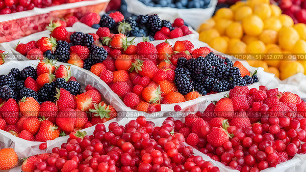 Assorted fresh berries in wooden boxes, closeup, selective focus. Стоковое AI-изображение, AI-художник Дмитрий Нечаев / Фотобанк Лори