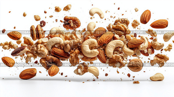 Assorted nuts flying in dynamic arrangement against white background. Орехи в динамичной композиции на белом фоне. Стоковое AI-изображение, AI-художник Katsiaryna Repich / Фотобанк Лори