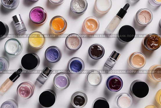 Assortment of colorful cosmetic jars on white background. Стоковое AI-изображение, AI-художник Иван Рябоконь / Фотобанк Лори