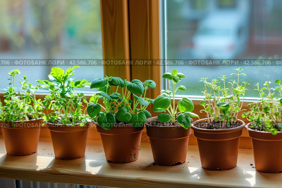 Assortment of different types of aromatic herbs growing in pots on a bright and sunny windowsill. Стоковое AI-изображение, AI-художник Юрий Поздников / Фотобанк Лори
